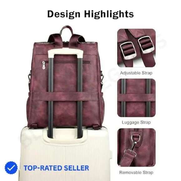 Vegan Leather Laptop Backpack Retro Designer Work Travel Daypack 11 Pockets